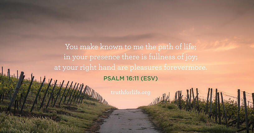 You make known to me the path of life;in your presence there is fullness of joy; at your right hand are pleasures forevermore. - Psalm 16:11 (ESV)